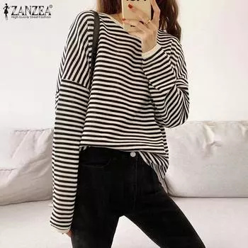 ZANZEA Женская повседневная толстовка-пуловер с круглым вырезом и длинными рукавами в полоску L чёрный