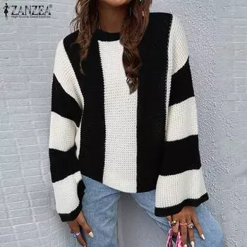 ZANZEA Женская повседневная толстовка-пуловер с круглым вырезом и длинными рукавами M чёрный