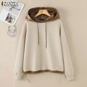 ZANZEA Женская повседневная толстовка с капюшоном из искусственной кожи в стиле пэчворк с длинным рукавом S чёрный