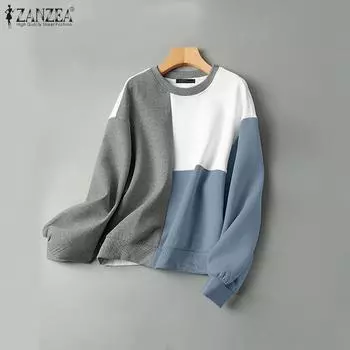 ZANZEA Женская повседневная толстовка с круглым вырезом и длинным рукавом S серый