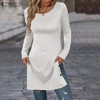 ZANZEA Женская повседневная тонкая блузка с круглым вырезом и длинными рукавами с разрезом подол