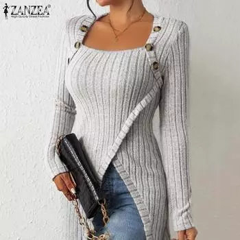 ZANZEA Женская повседневная тонкая блузка с квадратным воротником и длинным рукавом, неровный подол S чёрный