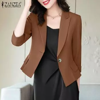 ZANZEA Женская повседневная тонкая верхняя одежда с отложным воротником и рукавом 3/4 5XL зелёный