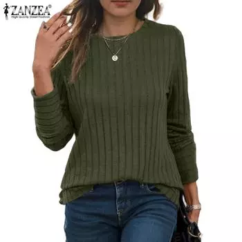 ZANZEA Женская повседневная трикотажная блузка-пуловер с круглым вырезом и длинным рукавом S