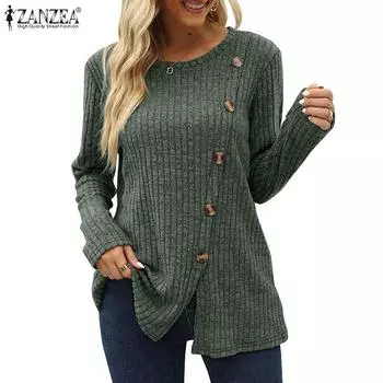 ZANZEA Женская повседневная трикотажная блузка с круглым вырезом и длинным рукавом с разрезом подол S чёрный