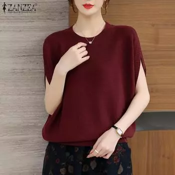 ZANZEA Женская повседневная трикотажная блузка с круглым вырезом и короткими рукавами