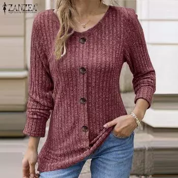 ZANZEA Женская повседневная трикотажная блузка с круглым вырезом и длинным рукавом S чёрный