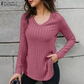 ZANZEA Женская повседневная трикотажная блузка с V-образным вырезом и длинным рукавом S чёрный