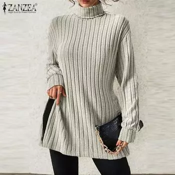 ZANZEA Женская повседневная трикотажная блузка с высоким воротником и длинными рукавами и разрезом по низу S чёрный