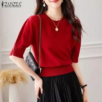 ZANZEA Женская повседневная трикотажная футболка с круглым вырезом и короткими рукавами XL бежевый