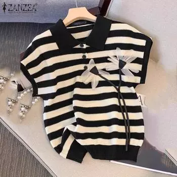 ZANZEA Женская повседневная трикотажная летняя блузка с отложным воротником и коротким рукавом M чёрный