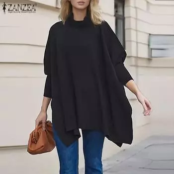 ZANZEA Женская повседневная водолазка с длинным рукавом, свободная блузка S чёрный