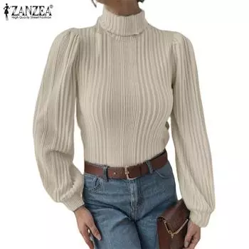 ZANZEA Женская повседневная водолазка с длинным рукавом, тонкая трикотажная блузка S темно-синий