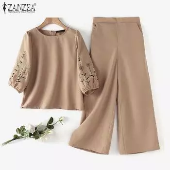 ZANZEA Женская повседневная вышитая блузка и брюки Повседневный комплект из двух предметов S белый