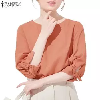 ZANZEA Женская прямая однотонная свободная блузка с круглым вырезом, рукавами-фонариками 3/4 и завязками