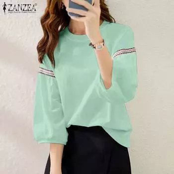 ZANZEA Женская прямая однотонная свободная блузка с круглым вырезом и рукавами-фонариками 3/4 на лямках 3XL белый