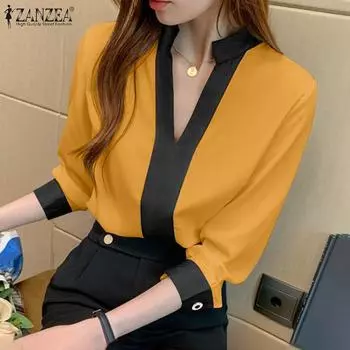 ZANZEA Женская прямая однотонная свободная блузка с v-образным вырезом и рукавами 3/4