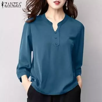 ZANZEA женская прямая однотонная свободная блузка с v-образным вырезом и рукавами 3/4, рукавами-фонариками и декоративными пуговицами 5XL синий