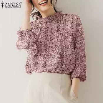 ZANZEA Женская прямая плиссированная эластичная блузка с высоким воротником и рукавами 3/4, рукавами-фонариками 3XL зелёный