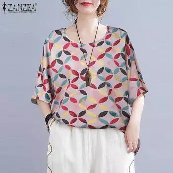 ZANZEA Женская прямая свободная блузка с круглым вырезом и короткими рукавами с принтом 2XL коричневый