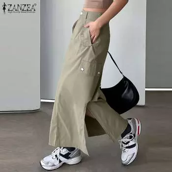 ZANZEA Женская прямая юбка до середины бедра с высокой талией, карманом, пряжкой, молнией, карманом и боковым разрезом 4XL светло-серый