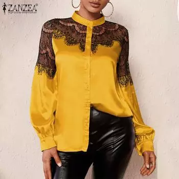 ZANZEA Женская рубашка с длинным рукавом, атласные шелковые кружевные элегантные топы