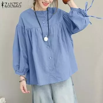 ZANZEA женская рубашка с круглым вырезом и полной планкой, с заниженными плечами и длинными рукавами, термоусадочная плиссированная рубашка на пуговицах и подол
