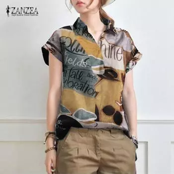 ZANZEA Женская рубашка с отложным воротником и коротким рукавом, летняя мешковатая повседневная блузка, топы S
