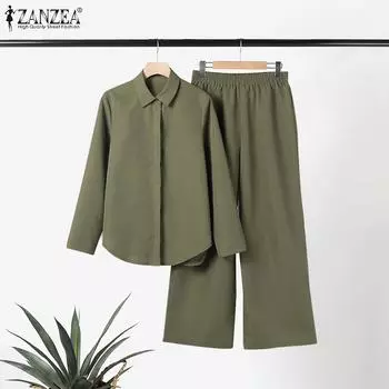 ZANZEA Женская рубашка с воротником и длинными рукавами, свободный однотонный топ, широкие брюки