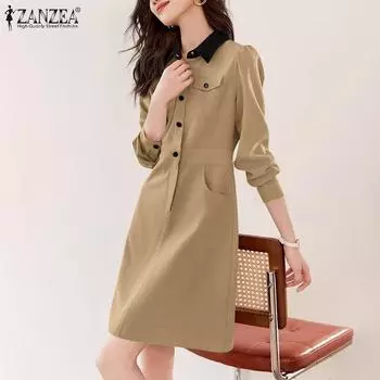 ZANZEA женская рубашка с воротником-пузырем и длинными рукавами, карман с открытым лацканом и пуговицами, разноцветное рабочее платье с талией
