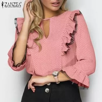 ZANZEA Женская свободная блузка с круглым вырезом, полыми рукавами 3/4 и рюшами, сращенное кружево в горошек