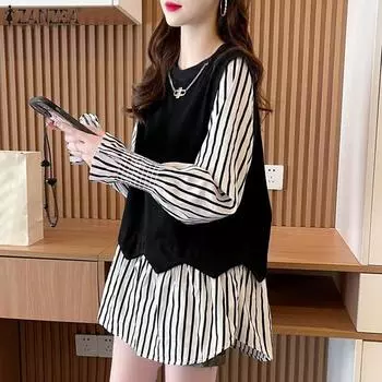 ZANZEA Женская свободная блузка с круглым вырезом, длинными рукавами и полосками в стиле пэчворк, с рюшами и нерегулярным подолом S белый