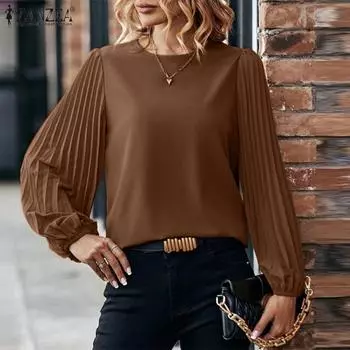 ZANZEA женская свободная однотонная блузка с круглым вырезом и длинными рукавами, с открытыми складками и завязками на пуговицах S чёрный