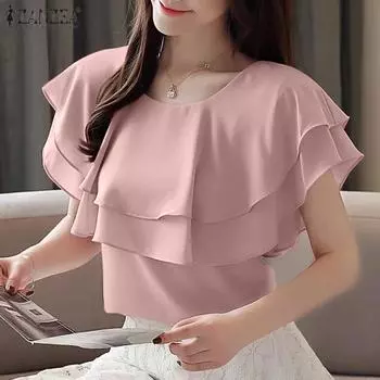 ZANZEA Женская свободная однотонная блузка с круглым вырезом и двухслойными рукавами S белый