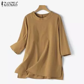 ZANZEA Женская свободная однотонная блузка с круглым вырезом и рукавами 3/4