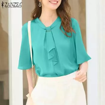 ZANZEA Женская свободная однотонная повседневная блузка с круглым вырезом и рукавом 3/4 M зелёный
