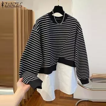 ZANZEA Женская свободная полосатая повседневная блузка-пуловер с длинным рукавом в стиле пэчворк S чёрный
