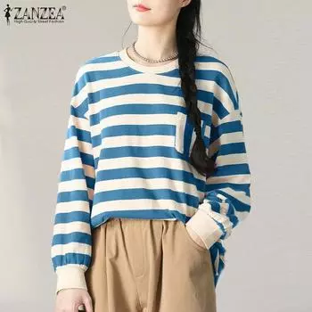 ZANZEA Женская свободная повседневная блузка-пуловер с длинным рукавом в полоску S коричневый