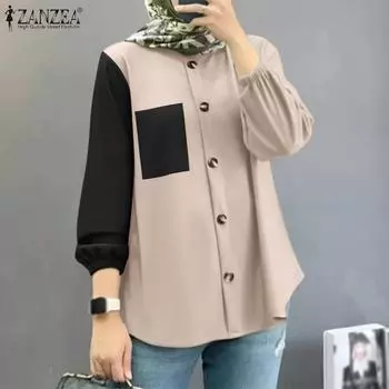 ZANZEA Женская свободная повседневная блузка с длинным рукавом в стиле пэчворк M хаки