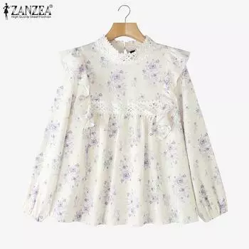 ZANZEA Женская свободная повседневная блузка с длинным рукавом и цветочным принтом S светло-зеленый