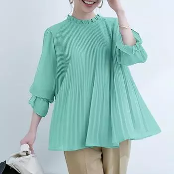 ZANZEA Женская Свободная Повседневная Блузка с Круглым Вырезом И Длинными Рукавами Плиссированная L зелёный