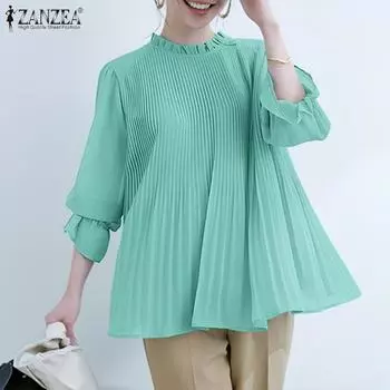 ZANZEA Женская Свободная Повседневная Блузка с Круглым Вырезом И Длинными Рукавами Плиссированная S зелёный