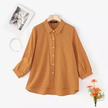 ZANZEA Женская свободная повседневная блузка с отложным воротником и длинным рукавом S оранжевый