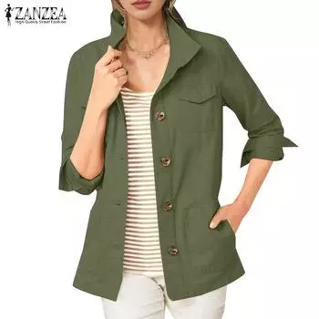 ZANZEA Женская свободная повседневная блузка с отложным воротником и длинным рукавом M зелёный
