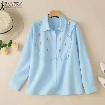 ZANZEA Женская свободная повседневная блузка с отложным воротником и цветочной вышивкой S синий