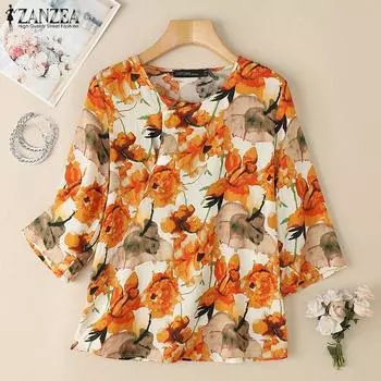 ZANZEA Женская свободная повседневная блузка с принтом и коротким рукавом S зелёный