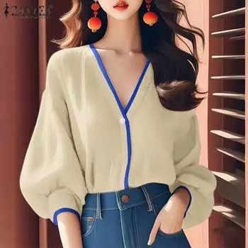 ZANZEA Женская свободная повседневная блузка с V-образным вырезом и длинным рукавом M