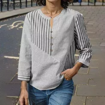 ZANZEA Женская свободная повседневная блузка в полоску с V-образным вырезом и рукавом 3/4 S чёрный