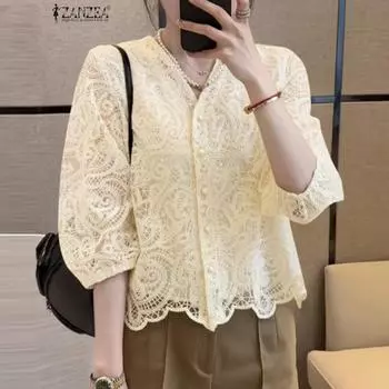 ZANZEA Женская свободная повседневная кружевная блузка с V-образным вырезом и рукавом 3/4 S бежевый