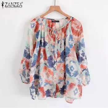 ZANZEA Женская свободная повседневная летняя блузка с принтом и рукавом 3/4 S зелёный